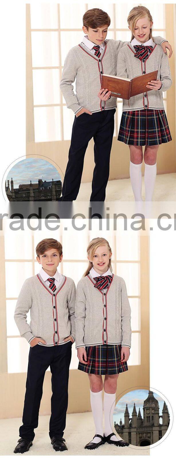 Latest grey custom unisex cardigan sweater school uniform design
