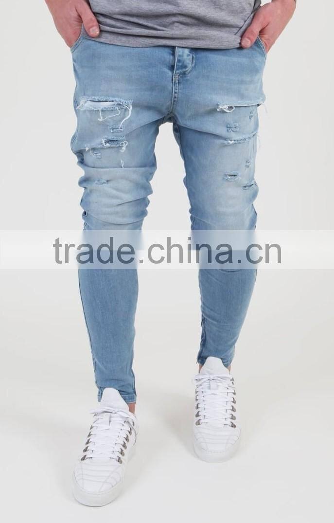 New fashion mens blue drop baggy pants distressed crotch jeans trousers