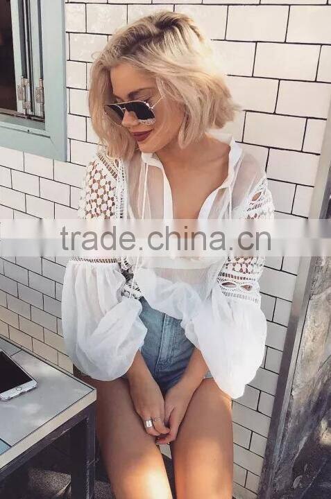 Runwaylover 126 Hot Sale 2017 Ladies Fashion Lace Transparent Chiffon Blouse
