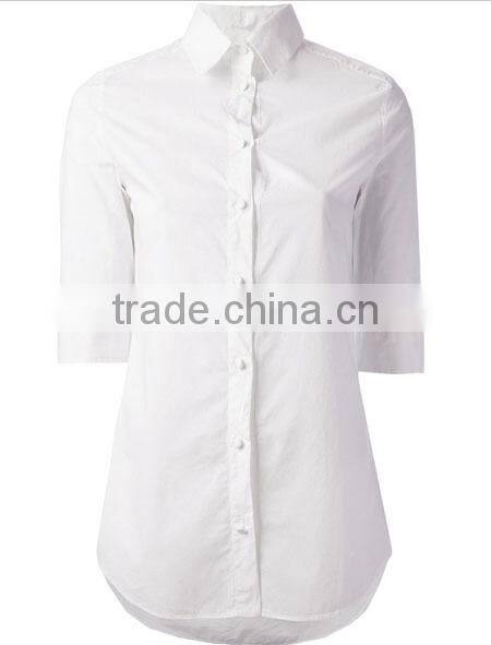 White Cropped Sleeve Design Cotton Office Lady Shirt