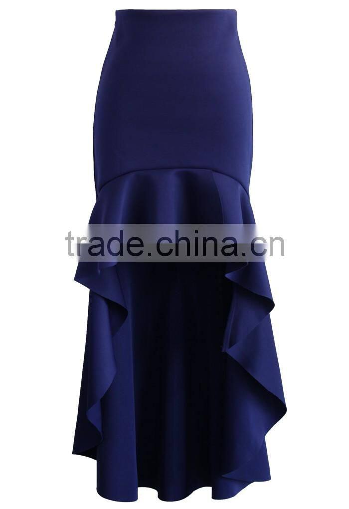 2016 Guangzhou Shandao Wholesaler Bulk Price Women Summer Party Wear Navy Cotton Short Front Long Back Skirts