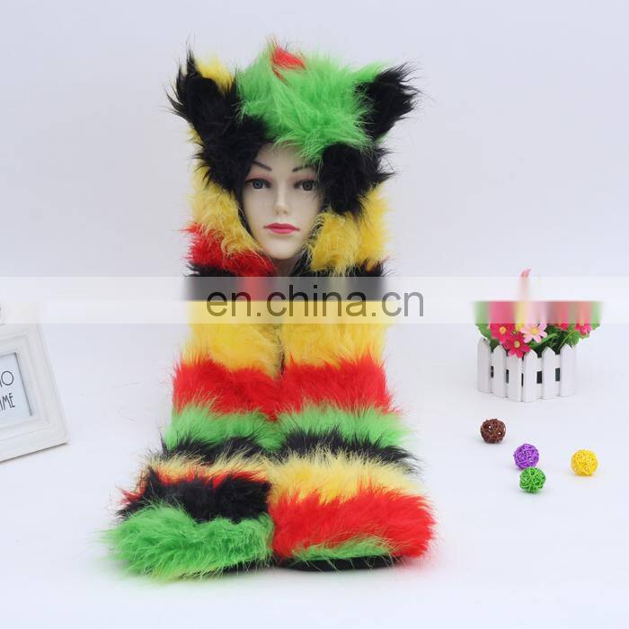Small Oder Qty Wholesale Russian Style Women Faux Fur Hooded Scarf Animal Hat