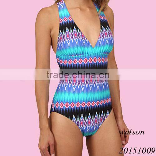 Fashion V- neck one piece printing swimwear women swimsuit multi straps