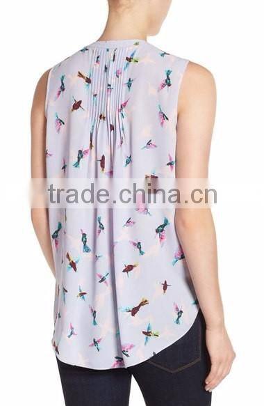Women Print Pleat Back Split Neck Sexy Sleeveless Blouse Patterns