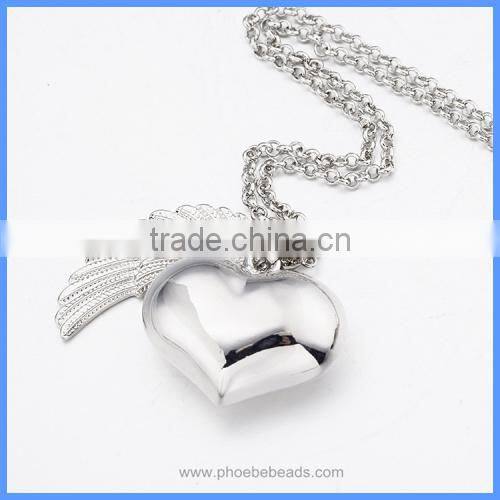 Trendy Jewelry Angel Wing Heart White K Plated Metal Cage Chime Box Sound Ball Pendant Pregnancy Necklaces For Women BAC-M046