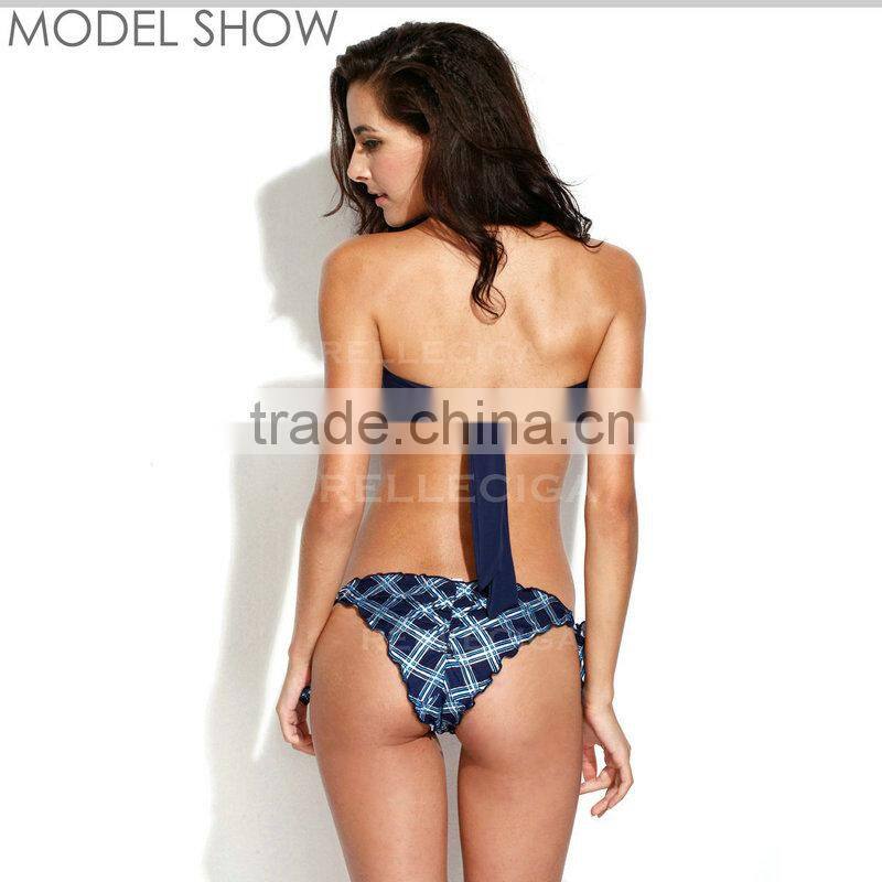RELLECIGA 2016 Kaleidoscope Collection - Navy Blue Plaid Silver Foil+ Ruffle-trim Bandeau Bikini Set with Front Bow & Brazilian