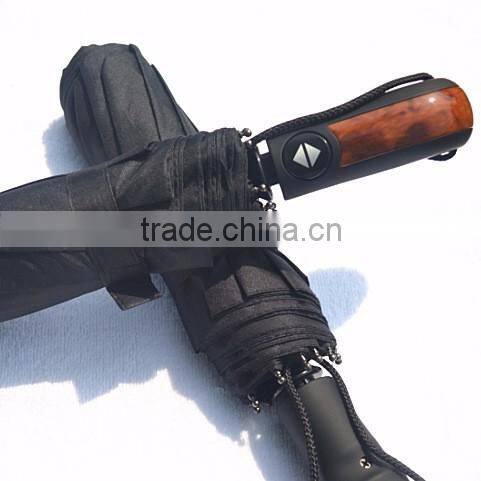 High quality Curve wooden handle pongee foldable umbrella,customized strong 3 fold auto open umbrellas for man