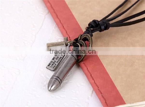 Factory wholesale vintage genuine leather cord necklace with bullet pendant