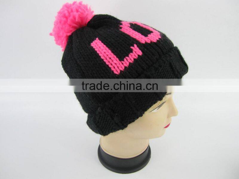 Promotional cheap cute knit hats lovely beanie hat with pink top ball