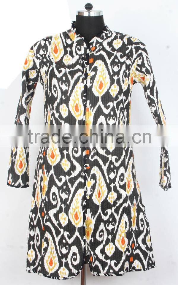 RTHCJ-1 full sleeve ikat printed kantha worked reversible cotton Jackets ladies and gents long size with cotton buttons Jaipur