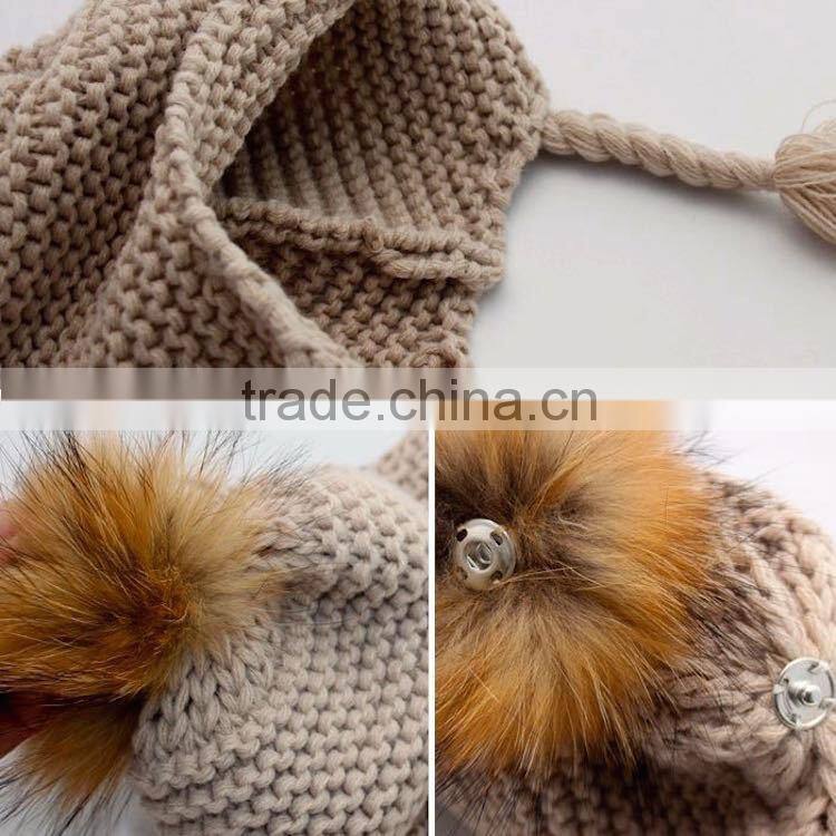 New Style Winter Warm Crochet Wool Baby Beanie Hat with Raccoon Fur Pom poms Ball/Earflaps