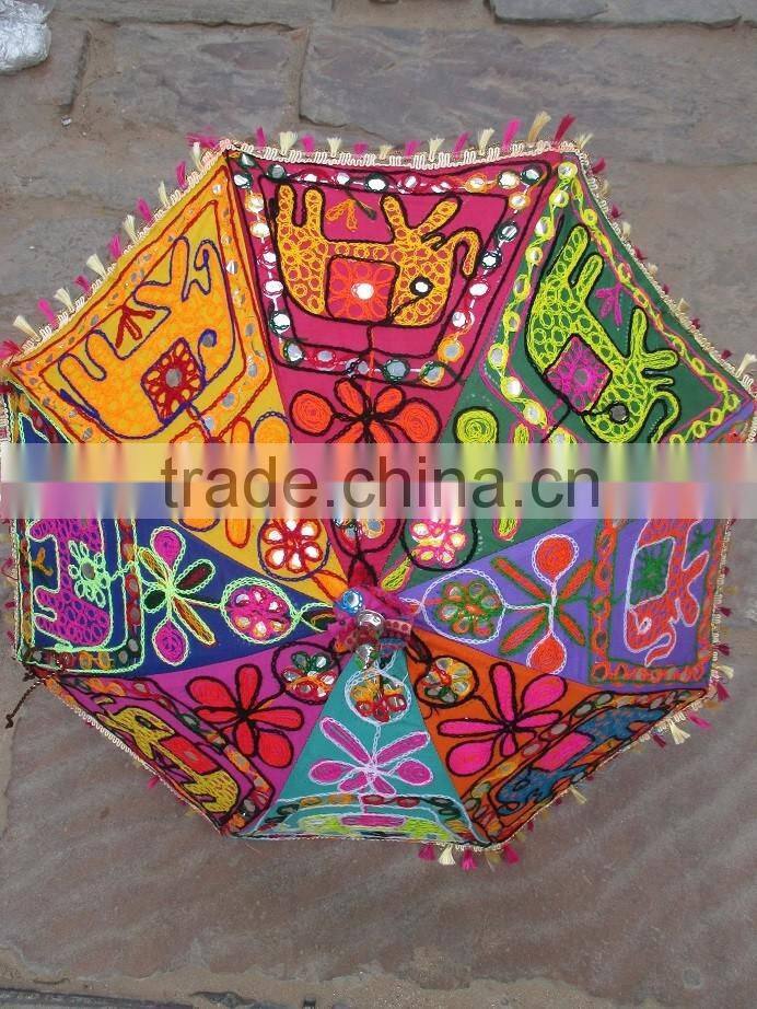 Latest Design 2015 Beautiful beach umbrella Multi Colorful elephant design cotton Handmade Embroidered Parasol Umbrella