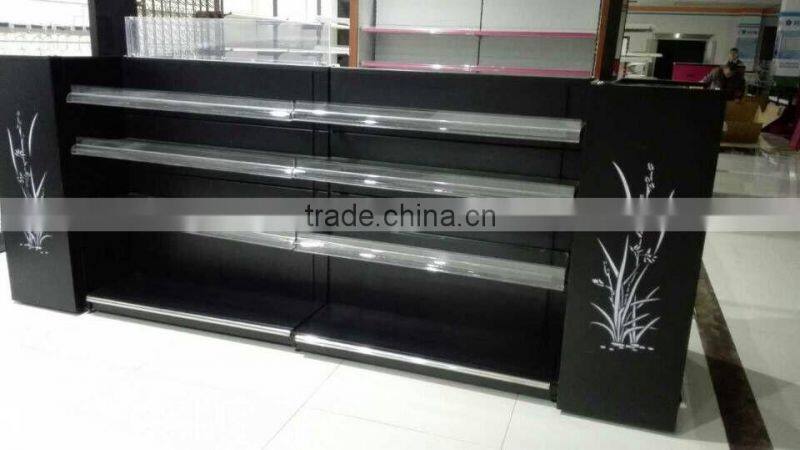 convenience store/shop gondola with plastic shelf labels