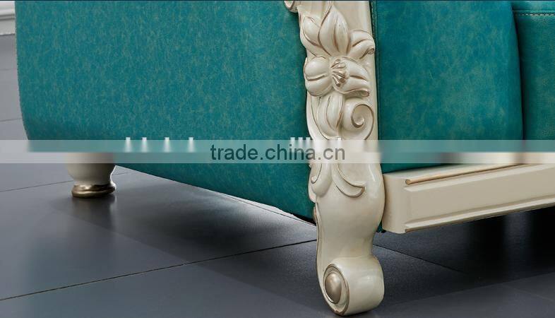 Graceful European style living room furniture solid wood lily carving leather corner sofa set
