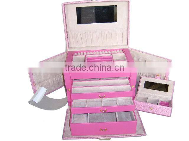 Pink Faux Leather Jewelry Storage Box With Many Compartments And Ring Holder