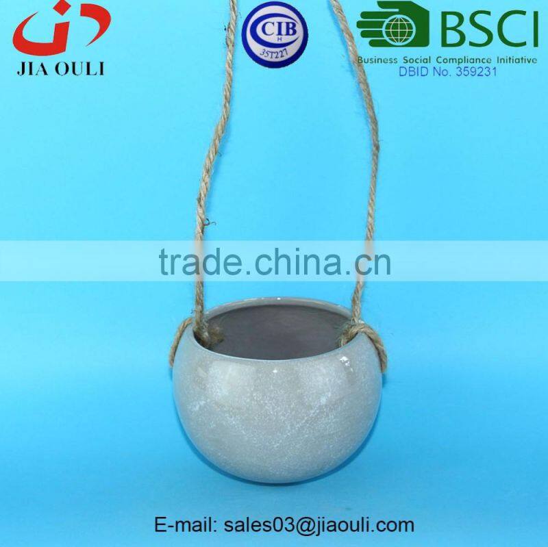 BSCI Audit Factory handle shape ceramic hanging basket planter, plant pot stand with hanger