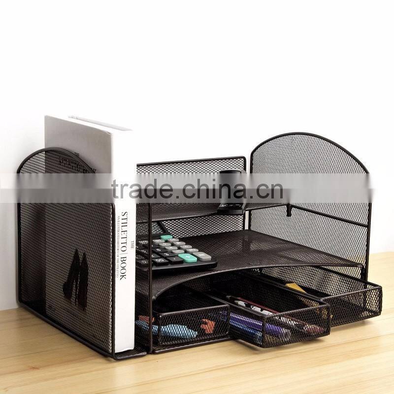 2017 amazon popular design black metal mesh desk file organizer with 3 Little Drawers