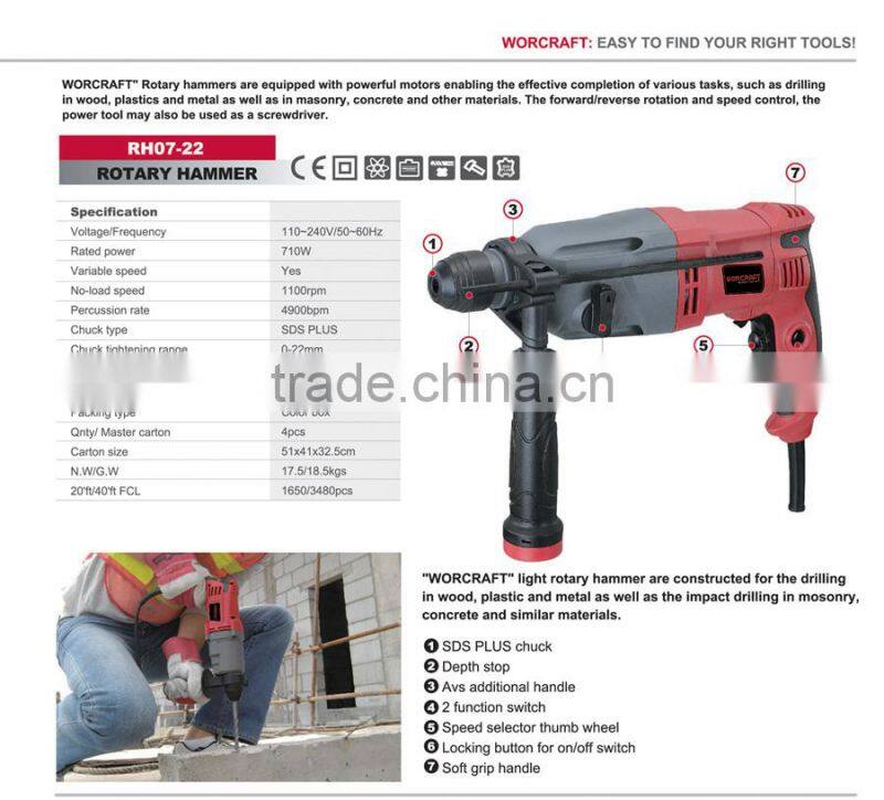 22mm 2 function 710W Electric Rotary hammer drill WORCRAFT RH07-22