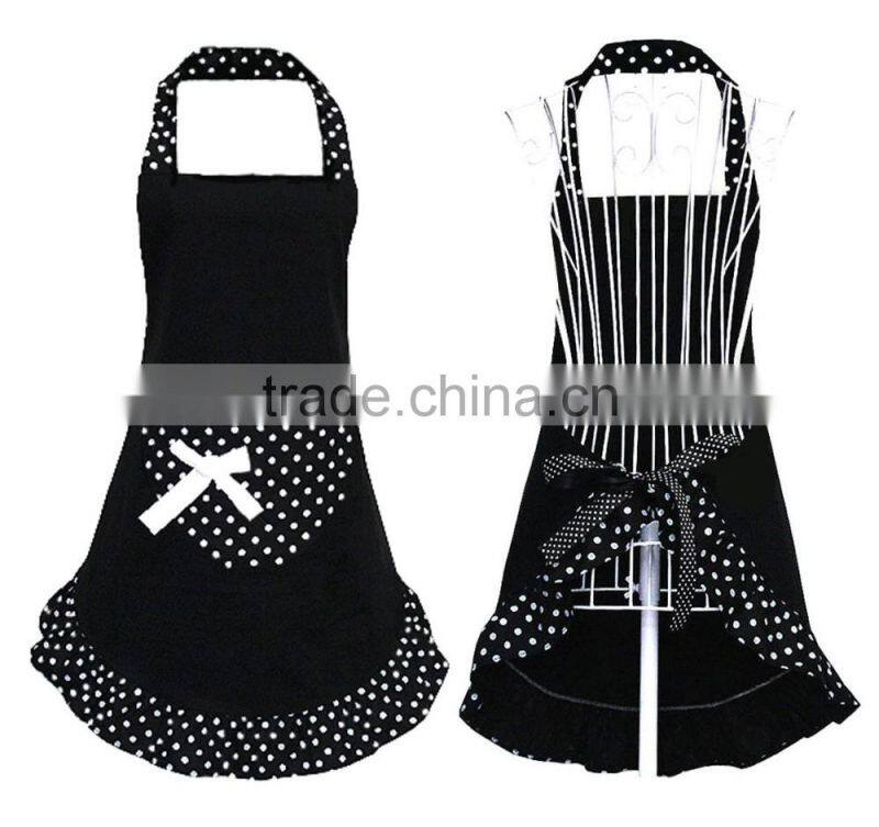 Hot Black Cute Girls Bowknot Lady's Kitchen Restaurant Women's Cake Apron with Pocket
