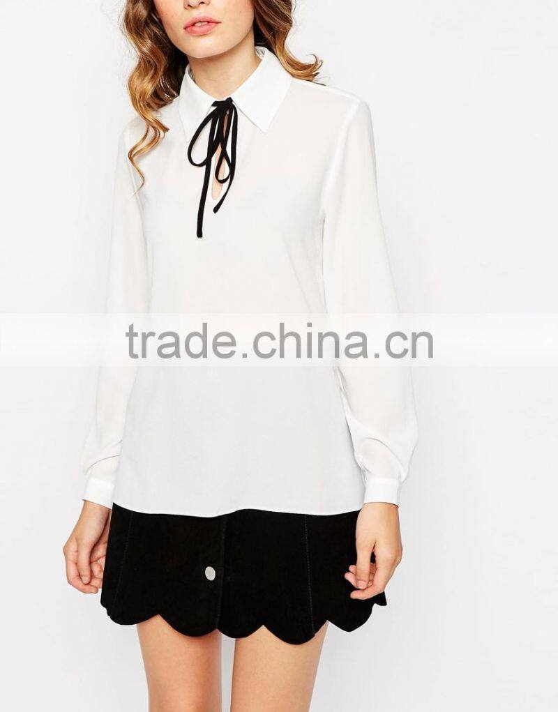 China factory OEM ODM 2015 new fashion customized Point collar Keyhole Blouse with Contrast Tie