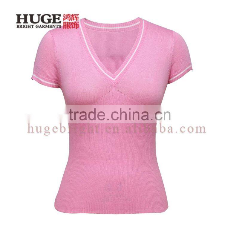 Contrast trim knitted pullover with short sleeves and empire waist