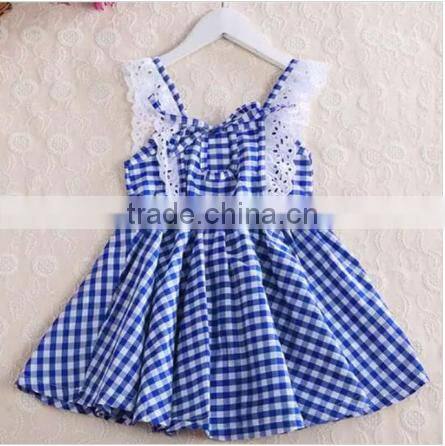 New arrival children clothes lace trim bule plaid kids clothing wholesale 100%cotton baby nice dress
