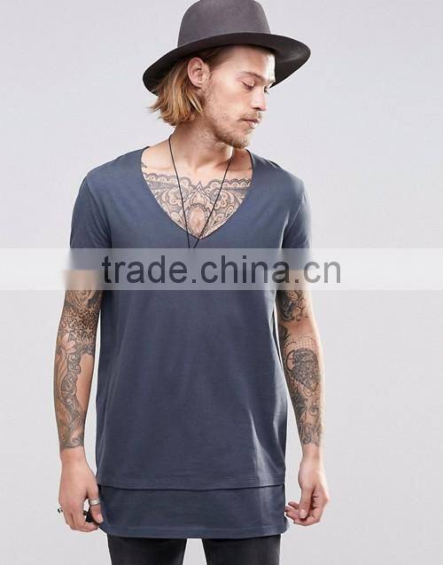 Men fashion street wear hip hop design super longline raw v-neck t-shirt OEM custom