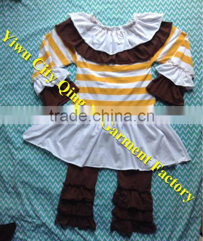 Persnickety Baby Girls Cotton Halloween Outfit Boutique Kids Yellow Stripe Long Sleevs Shirt with Brown Tripe Ruffle Pant Sets