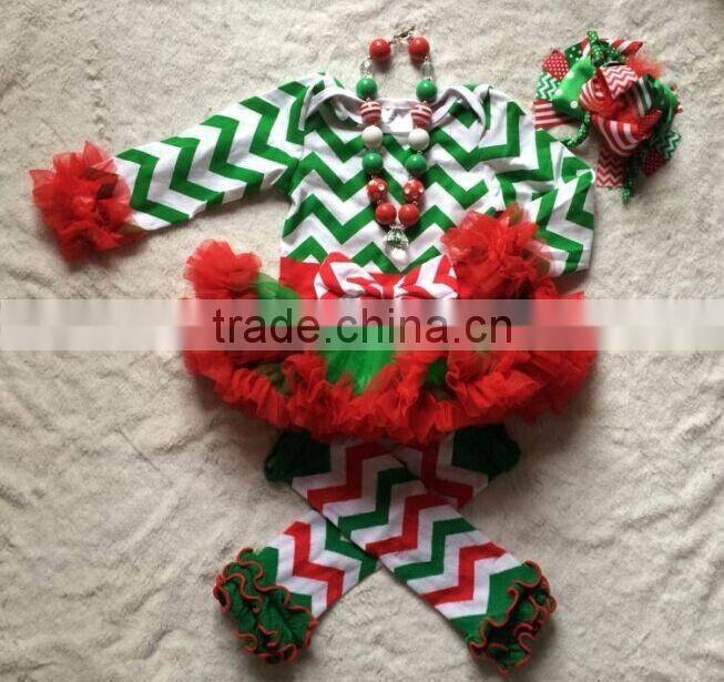 girls Christmas green chevron tree baby romper with matching necklace,leg warmer and hair bow set