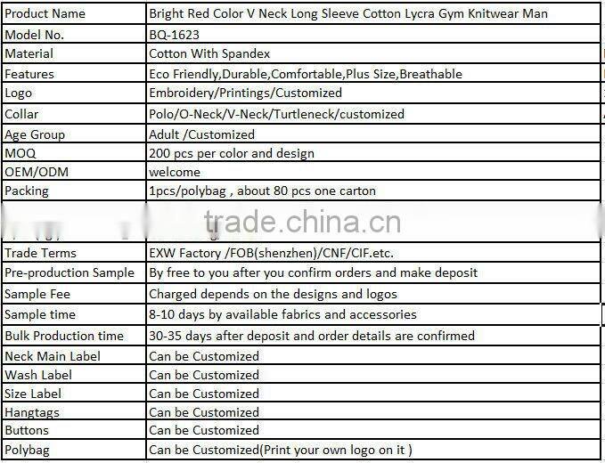 Bright Red Color V Neck Long Sleeve Cotton Lycra Gym Knitwear Man