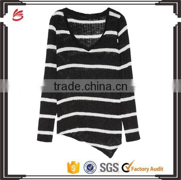 High Quality 100% Wool Mid-weight Striped Distressed Sweater Knitted for Women