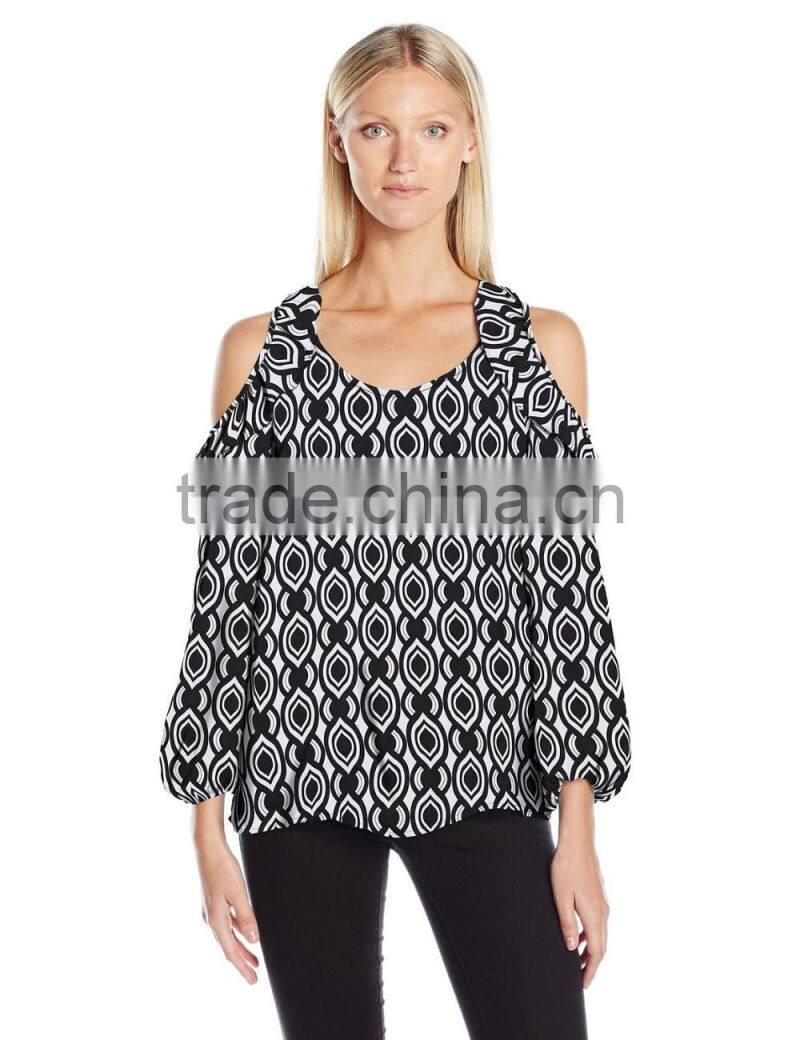 Women's Printed Long Sleeve Scoop Neck Cold Ruffle Shoulder Blouse