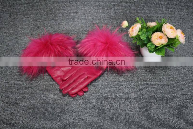 Hot Sell Ladies Winter Warm Genuine Leather Gloves With Raccoon Fur Cuff