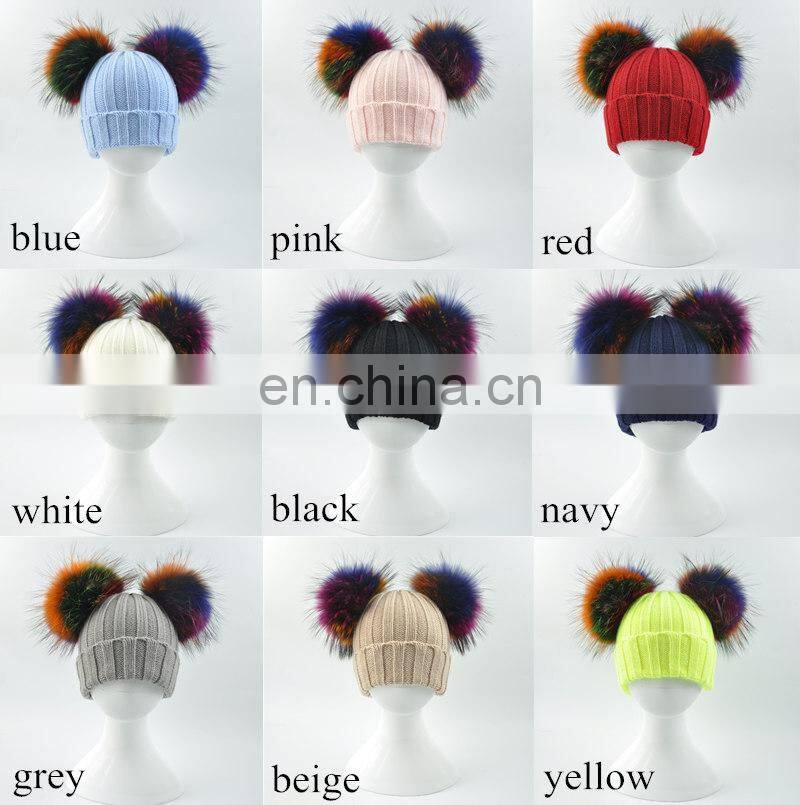 Wholesale Custom Colorful Double Poms Hat Winter Newest Cute Kids Hats Knitting Beanie Hat Kids