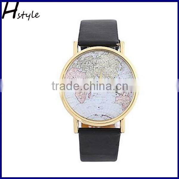 2016 New Retro World Map Printed PU Leather Band Alloy Case Analog Quartz Ladies Wrist Watch Black WP011