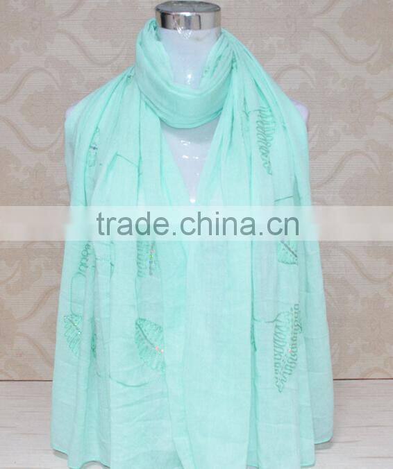 New Style Sequin Leaf Pattern Cotton Fashion Woman Embroidered Shawls