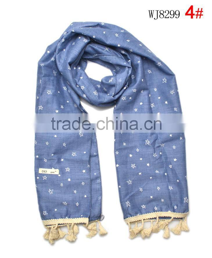 Hot Selling Star Printed Tassel Lace Brim Sewed Boys Girls Kids Linen Cotton Scarf