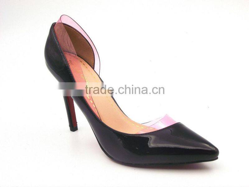 new fashion pointed toe sides empty high heel shoes with plastic