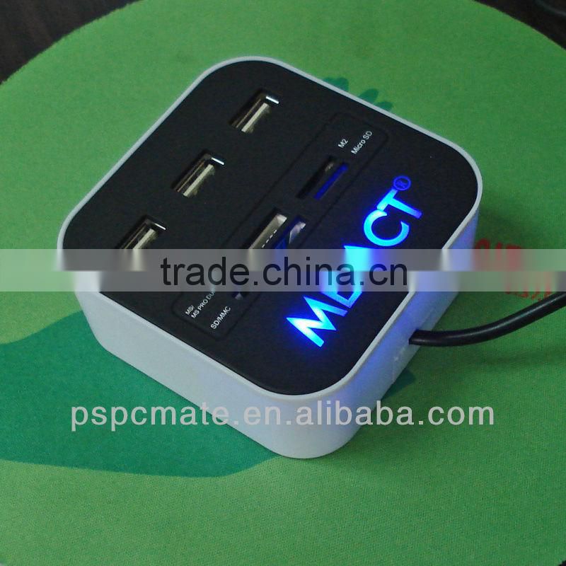 new model 3 ports usb hub with sd card reader combo with LED laser logo
