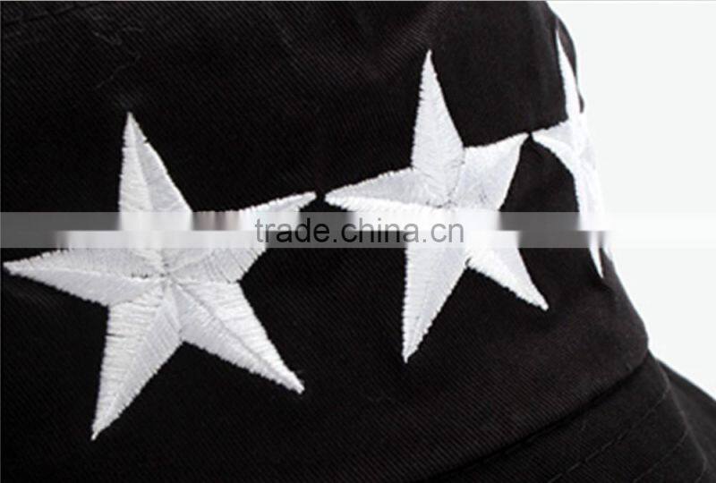2014 fashion black 3d stars embroidery folded bucket hat