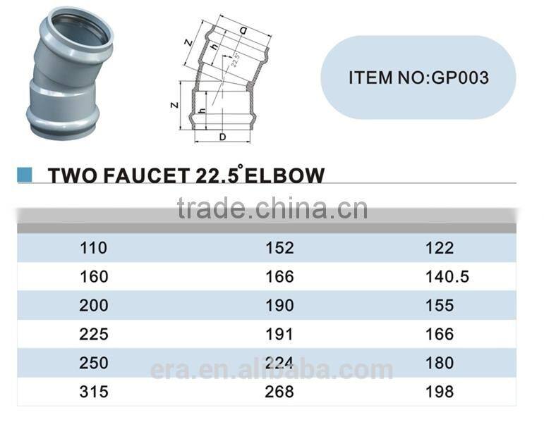 ERA pvc rubber ring fittings PVC pressure fitting with gasket 22.5 degree elbow