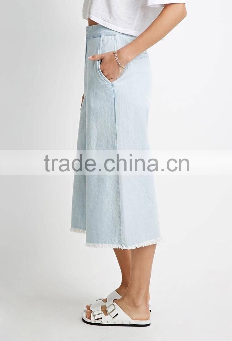 Quiet Color Midi Pants Frayed Denim Gauchos For 2016 Summer Women