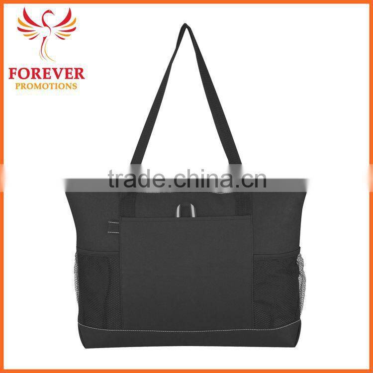 Wholesale 600 D Denier Polyester Top Zippered ClosureTote Bag With Mesh Pocket