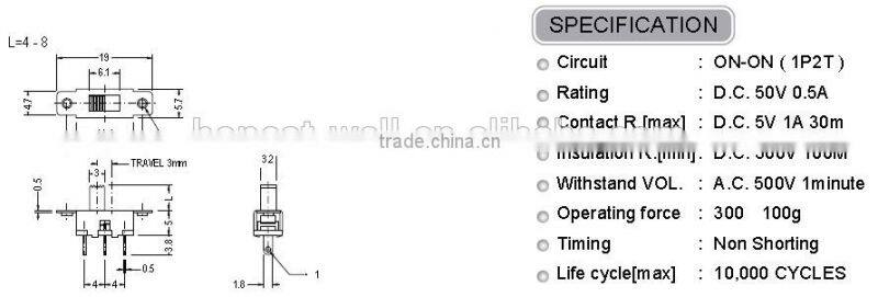 SS12F77 1P2T Vertical Type Slide Switch