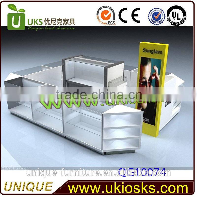 high quality and low price sunglasses display kiosk,modern glass display cabinets/stand/showcase commercial light