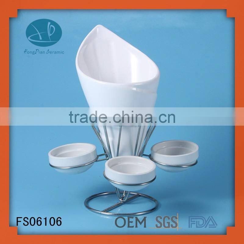 SGS/LFGB/FDA certification porcelain fry holder with dip bowl,new design ceramic fondue set with stainless stand