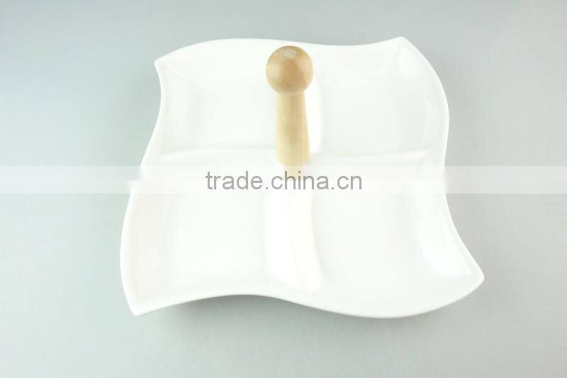 Ceramic porcelain divided plate Square unique shaped serving snack plate with wooden handle