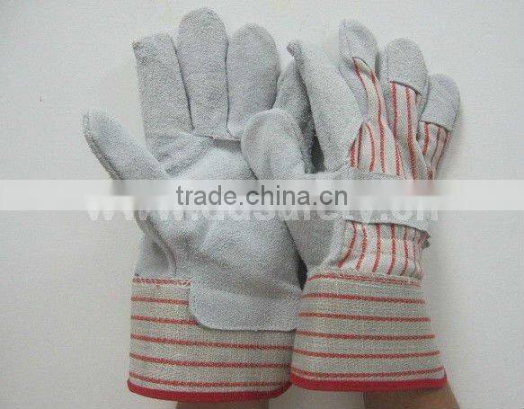 Cow Split Leather Glove With Full Palm Cotton Back Rubberized Cuf