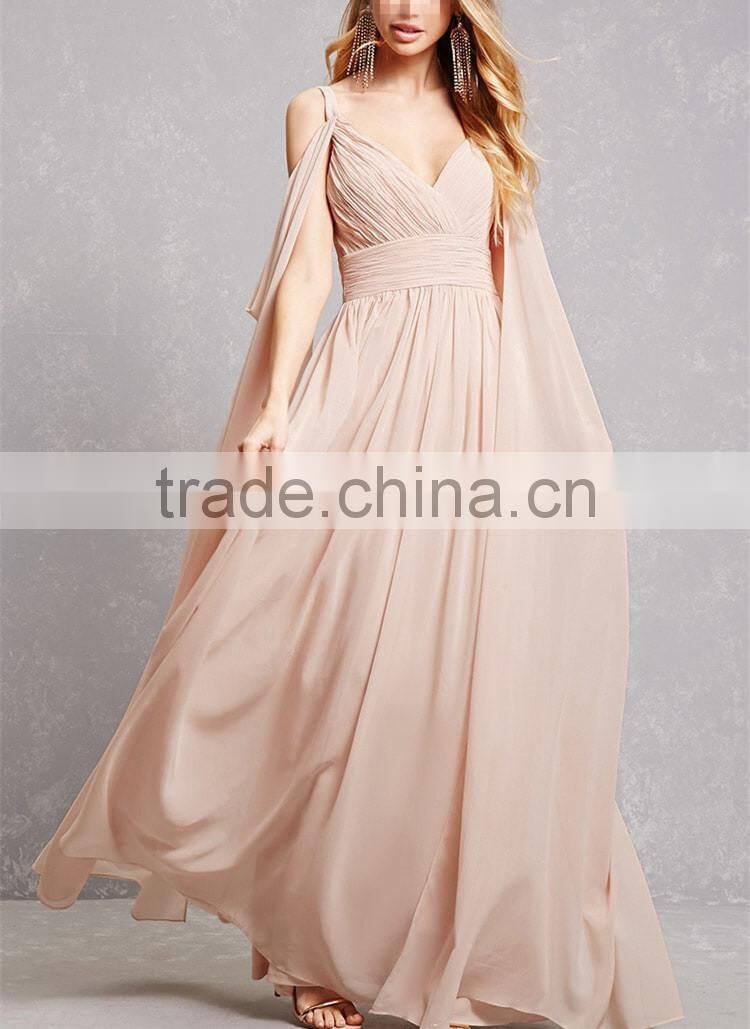 latest fashion design Blush V-cut neck and back Open-Shoulder Chiffon Gown