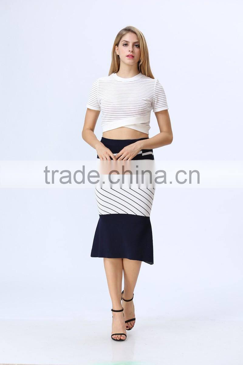 2016 New arrival white & black stripe knitted Crop and fishtail high waist knitted Skirt Co-ord Set